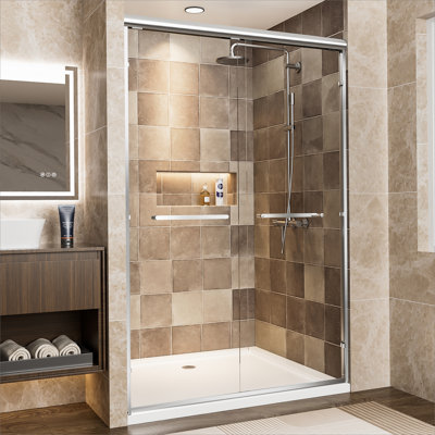Porte de douche coulissante double en aluminium, porte de douche en verre trempé avec film antidéflagrant et poignées en acier inoxydable