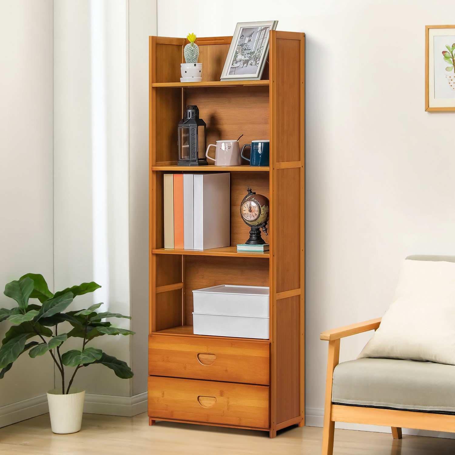 MoNiBloom 5 Tier Narrow Bookcase Etagere Organizer Bamboo Freestandin