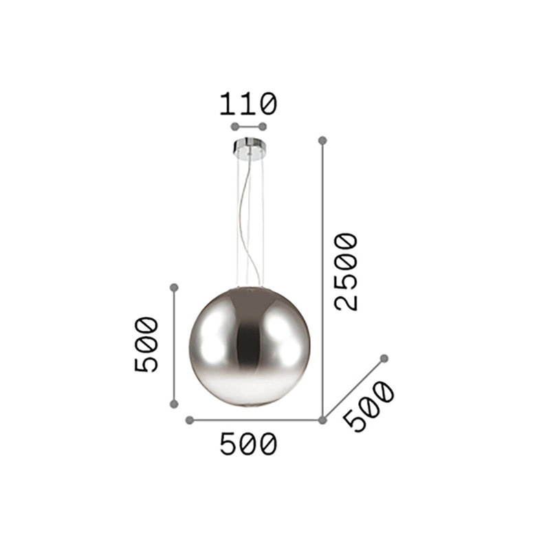 1 - Light Silver Globe Pendant, Chrome, 265cm H x 50cm W x 50cm D