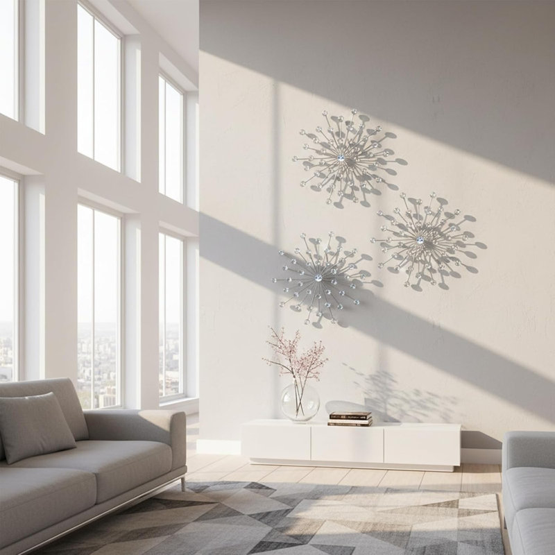 Ensemble de 3 décorations murales argentées Sunburst