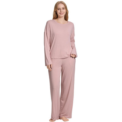  Womens Pajamas Set Soft Pjs Bathrobe Bamboo Long Sleeve Loungewear Wide Leg Pants Set Dusty Pink XL