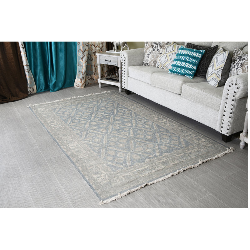 Tapis bleu oriental fait main, Rectangle 4 pi x 6 pi