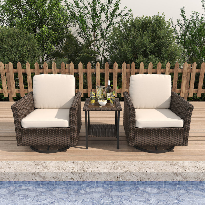 Outdoor Rattan Furniture Set, 2 Swivel Chairs with Weather-Resistant Cushions and 1 Coffee Table for Patio Garden Balcony