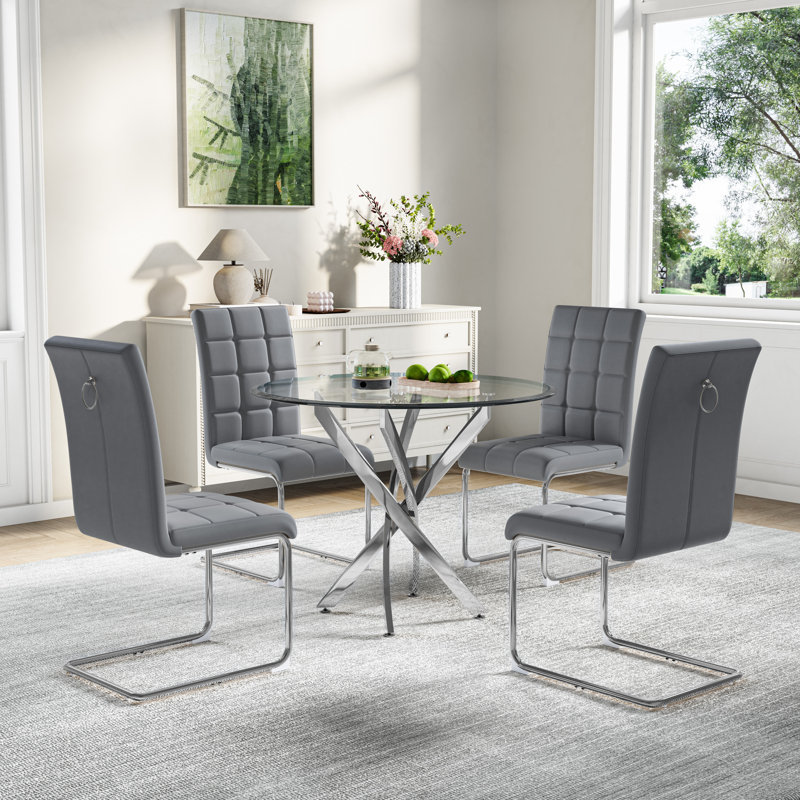 36" Round Glass Dining Table Set For 4,Modern Tempered Glass Tabletop With 4 PU Chairs For Kitchen Dining Room, Silver