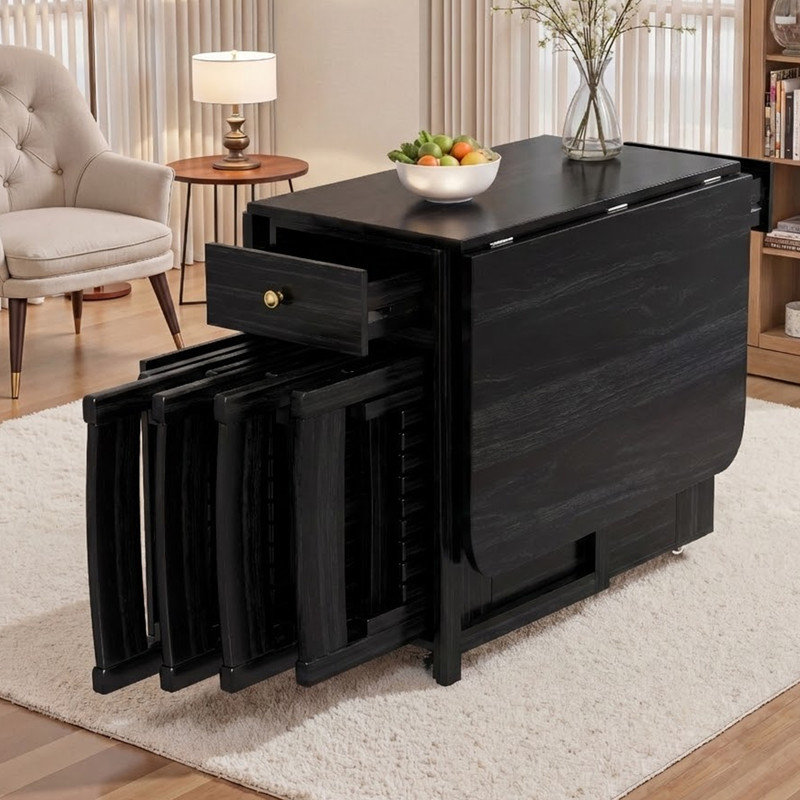 2 -Person Rubberwood Solid Wood Dining Set, 75cm H x 150cm W x 80cm D, Black, Table & 6 Chairs