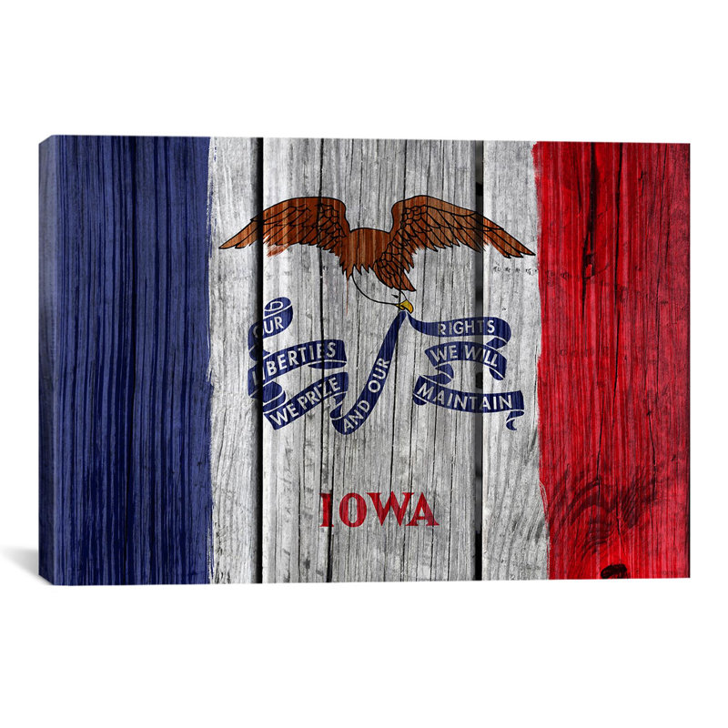 Iowa flag, bois planches, impression sur toile, H 26 po x l 40 po x P 1,5 po, Toile tendue, Pas de tapis