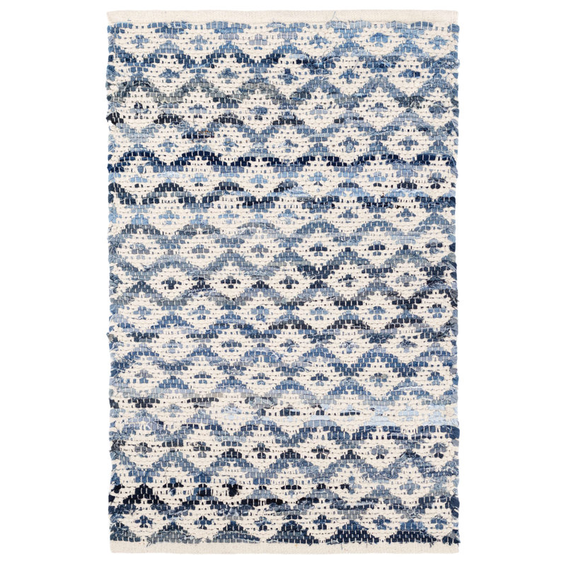 Denim Rag Diamond Ivory Handwoven Cotton Rug, Rectangle 9'6" x 13'6"