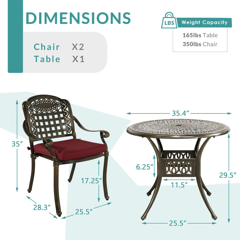 2 - Person Patio Dining Set with Round Table , Cushions Included, Chili Red