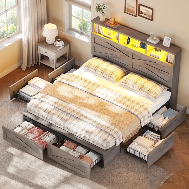 Structure de lit grand en bois avec 6 tiroirs et tête de lit spacieuse avec rangement DEL Farmhouse, Grand, Gris