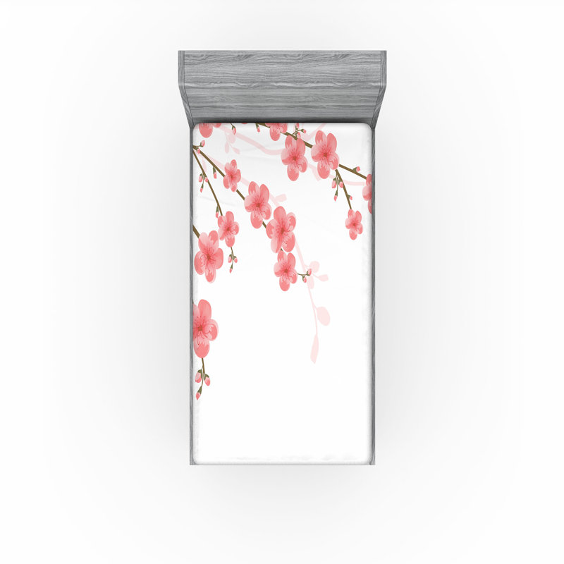 Ambesonne Flower Fitted Sheet 2-Pack Cherry Blossom Art Pink Green, Twin Fitted Sheet