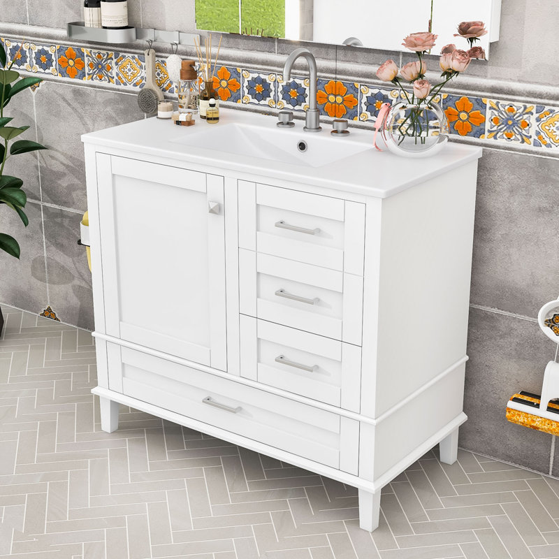 Contemporary Wood Single Bathroom Vanity with Soft-Close Door, Ceramic Basin and Storage Drawers, White