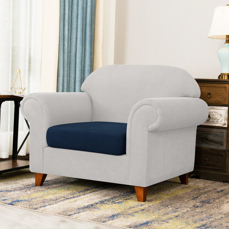 Stretch Textured Grid Box Cushion Armchair Slipcover, Dark Blue