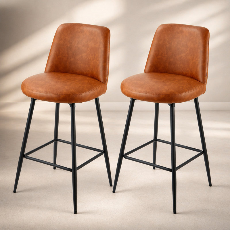 Ensemble de 2 tabourets de bar modernes en cuir synthétique avec fonction pivotante, dossier et pieds en métal pour la cuisine et la salle à manger, brun