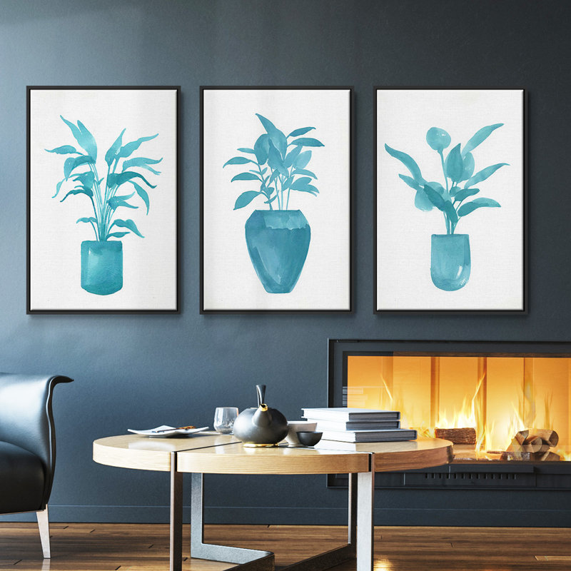Watercolor House Plant IV, ensemble de 3 pièces encadrées sur toile, Noir, H 36 po x l 72 po