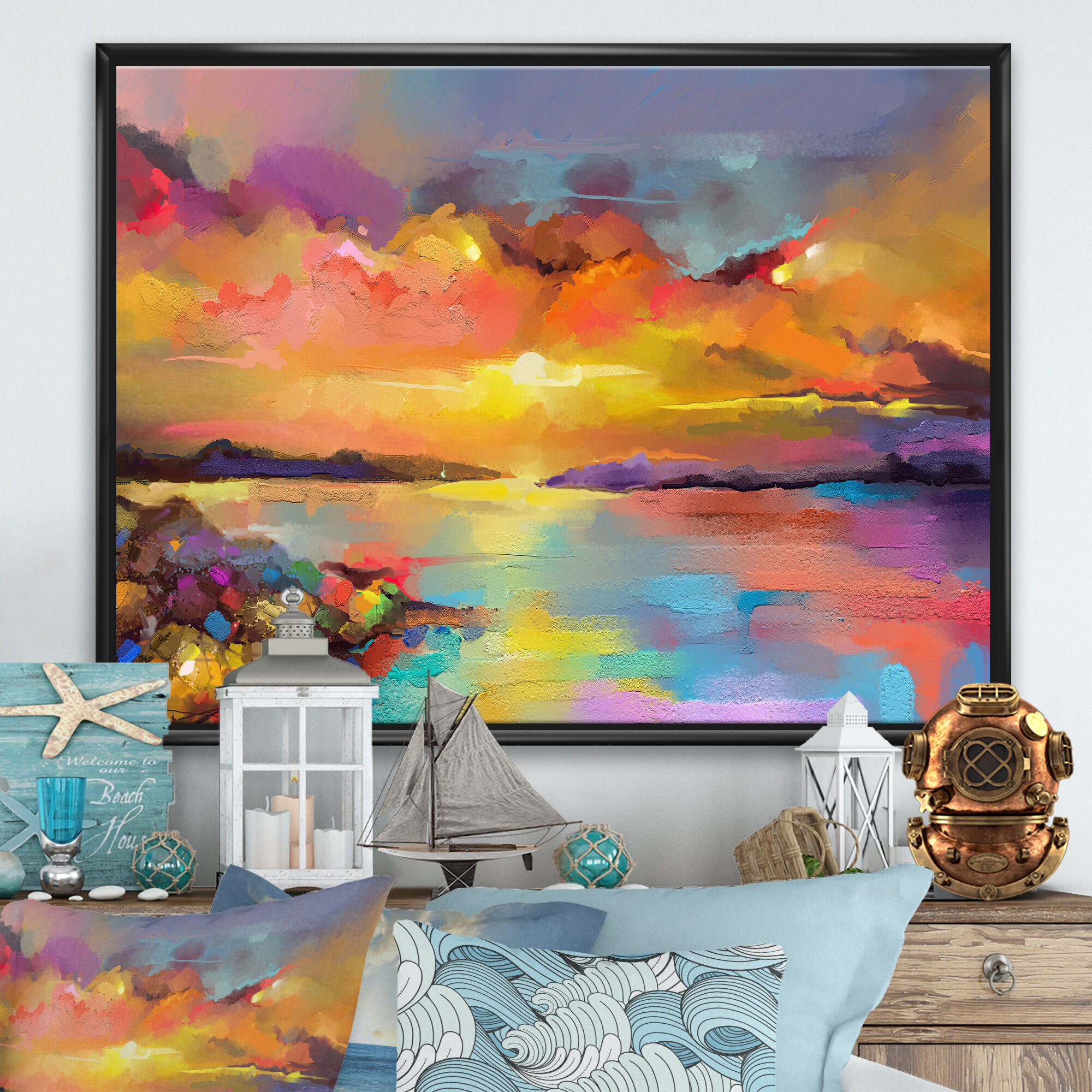 Sunset Painting with Colourful Reflections I Painting Print on Canvas