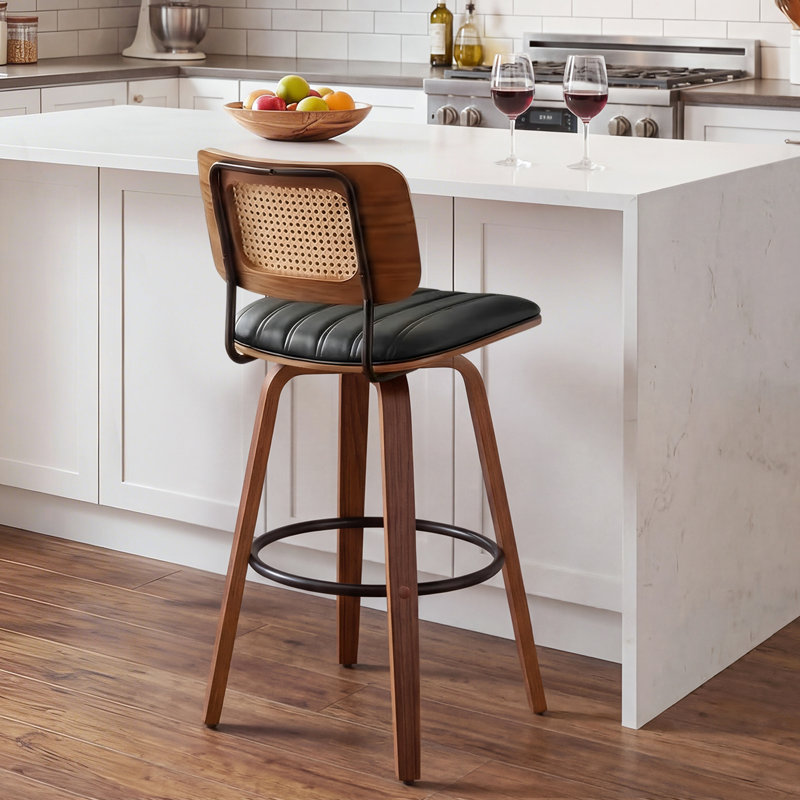 Valerie Swivel Wooden Rattan Faux Leather Bar Stool, Black, Bar Stool (30.31" Seat Height)