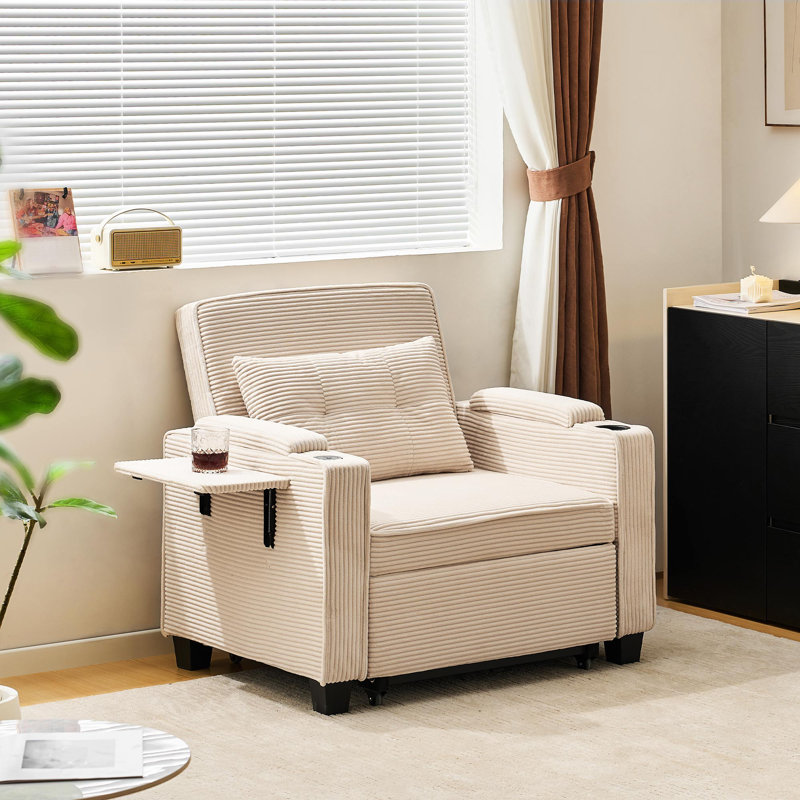 Single Sofa, 3-In-1 Recliner Pull-Out Corduroy Sofa Armchair With USB Ports, 3-Position Adjustable Backrest (105°-160°), Storage Space & Cup Holder