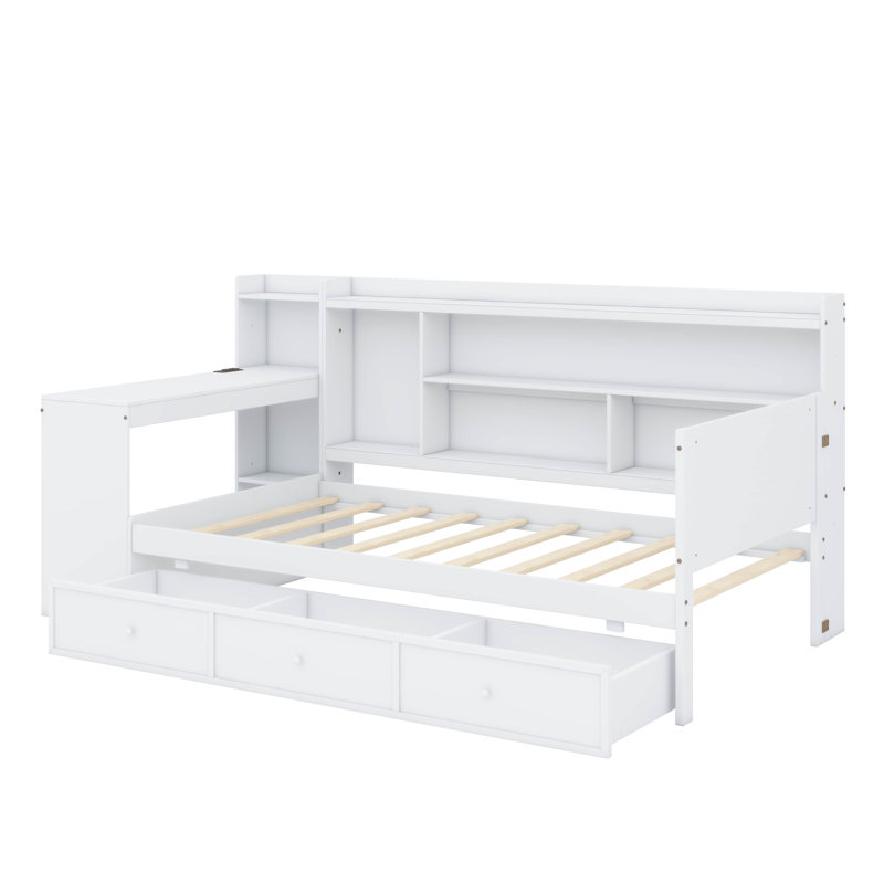 A Full-Sized Wooden Daybed With Three Built-In Drawers And Integrated USB Charging Ports, White 