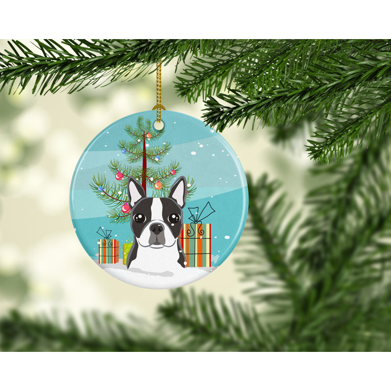 Ornement en céramique pour fêtes gascon saintongeois, Boston terrier gris foncé