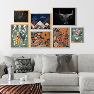 Collage Mid-Century Mountain Wild Flowers Cheetah Modern Art For Living Room, Bedroom, Office Framed On Paper 7 Pieces Print -  SIGNLEADER, WSF-A49-2309-YUK08-P.7A-B.WD-46x24