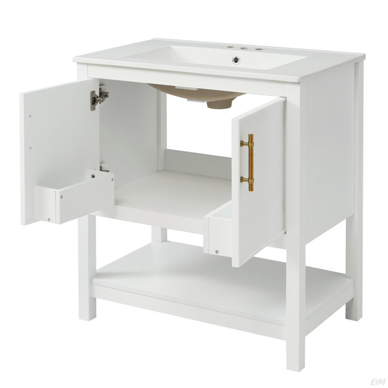 Meuble-lavabo de 30 pouces avec lavabo en céramique et rangement polyvalent, Blanc