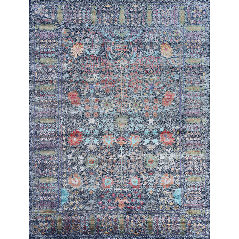 Hand Knotted Oriental Area Rug in Black/Green/Orange/Blue, Rectangle 9' x 12'