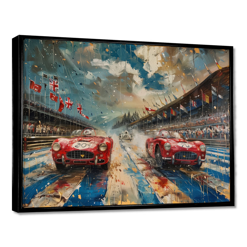Drapeau américain de couleur rétro Muscle Race V - Piste de course murale, Toile avec cadre flottant noir