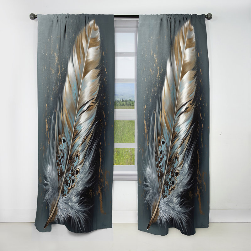 Gold Feather Wanderlust IV - Glam Feather Curtain - Blackout Floral Curtain - 1 Panels, 52" W x 63" L