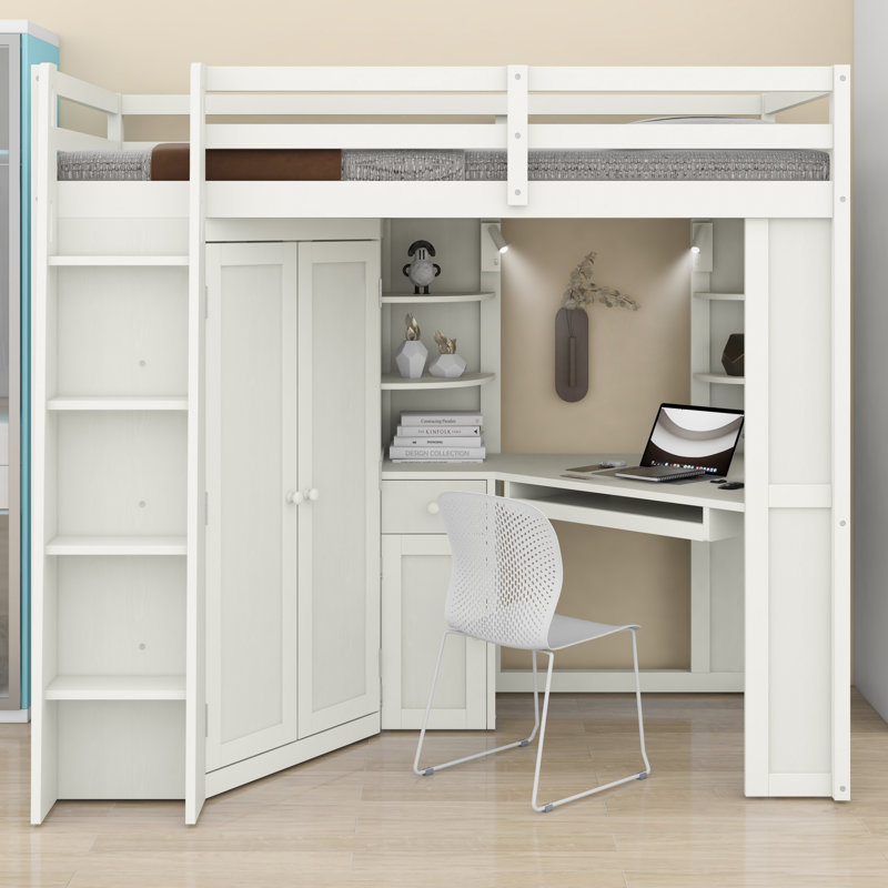 Space Saving Loft Bed with Large Wardrobe, Desk, White