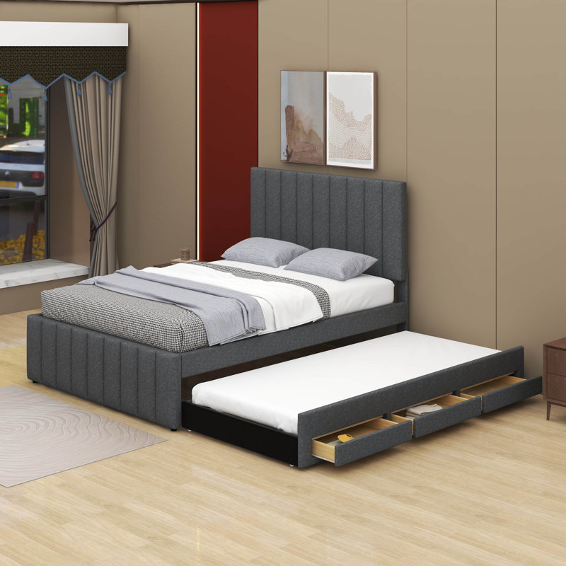 Lit plateforme double avec lit gigogne et tiroirs, Gris