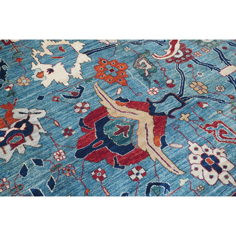 Tapis bleu clair et bleu marine de haute qualité noué à la main