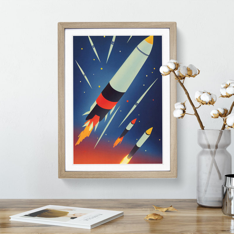 The Unbeatable Spaceship Rocket - Single Picture Frame Print, Oak, 46cm H x 34cm W x 2cm D