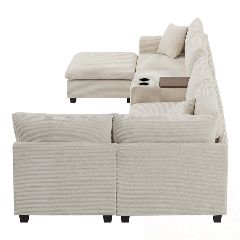Canapé modulaire surdimensionné de 140 po avec repose-pieds et console de rangement mobiles, pochettes de rangement amovibles, porte-gobelet, siège large, chargeur USB, canapé en chenille à 6 places en U pour le salon