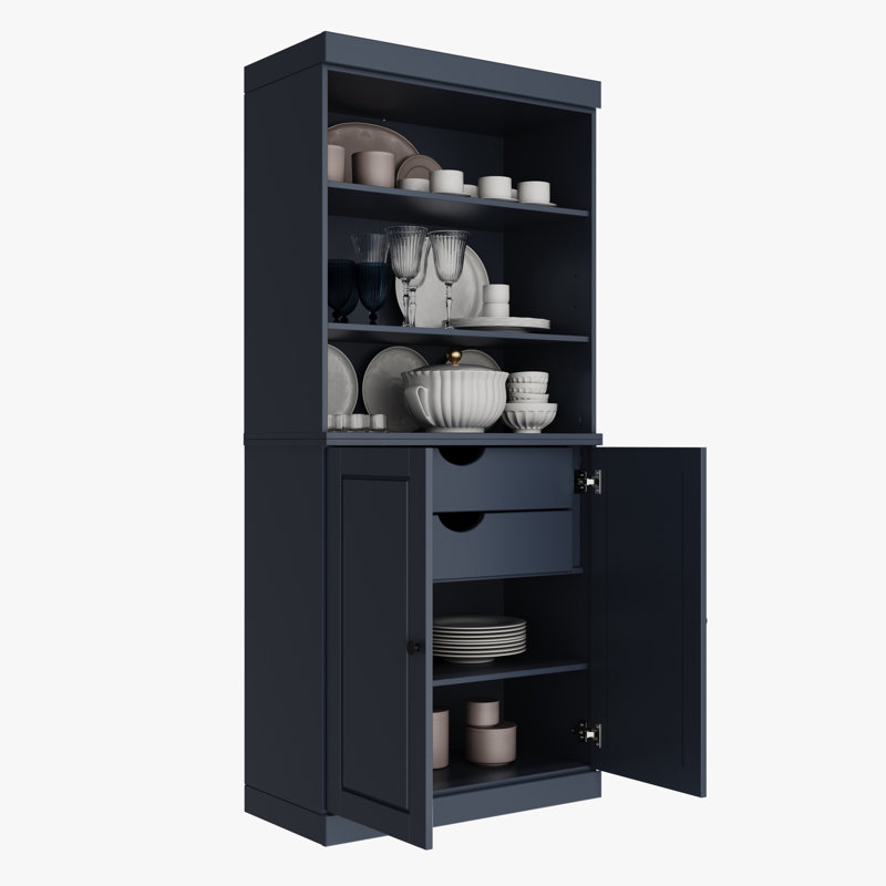 Garde-manger Birce 100% bois massif 32 po avec portes solides, 2 tiroirs et tablettes réglables, Antique Blue