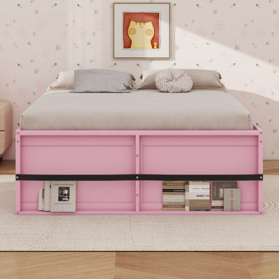 Wooden Platform Bed Frame With Bookshelf Headboard, Led Lights, Display Cabinet Storage Drawer
