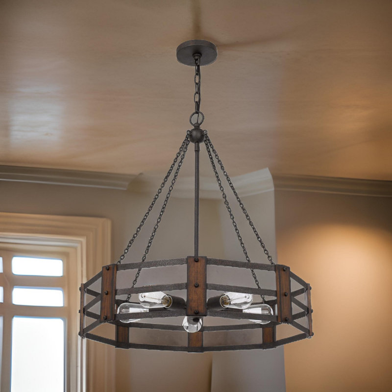 Lustre avec structure en forme de cage octogonale et détails en bois