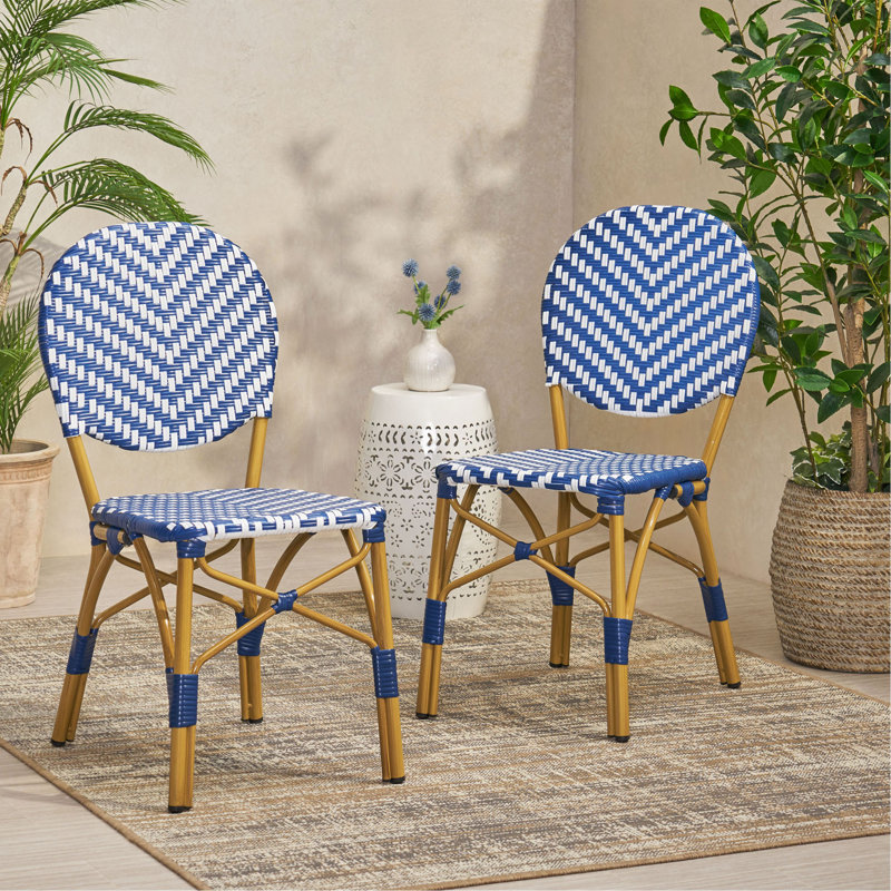 Ensemble de 2 chaises bistro d'extérieur sans accoudoirs en ratine de polyuréthane et aluminium, bleu marine