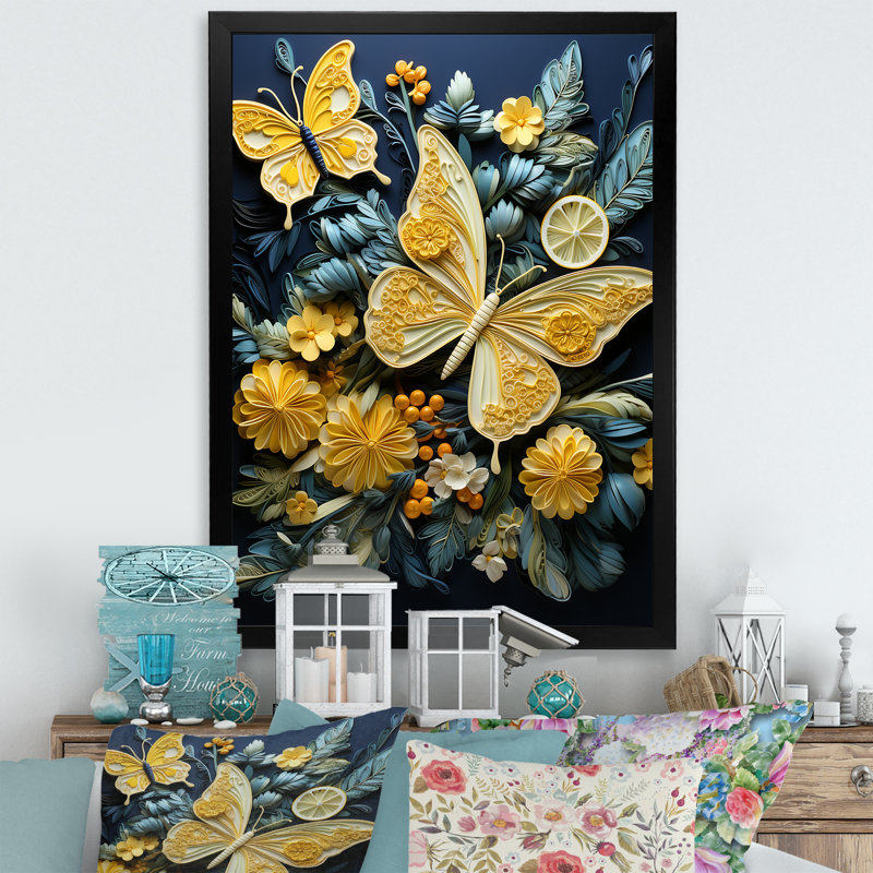 Délice de papillon jaune citron sur toile, Cadre simple noir, H 20 po x l 12 po x P 1 po