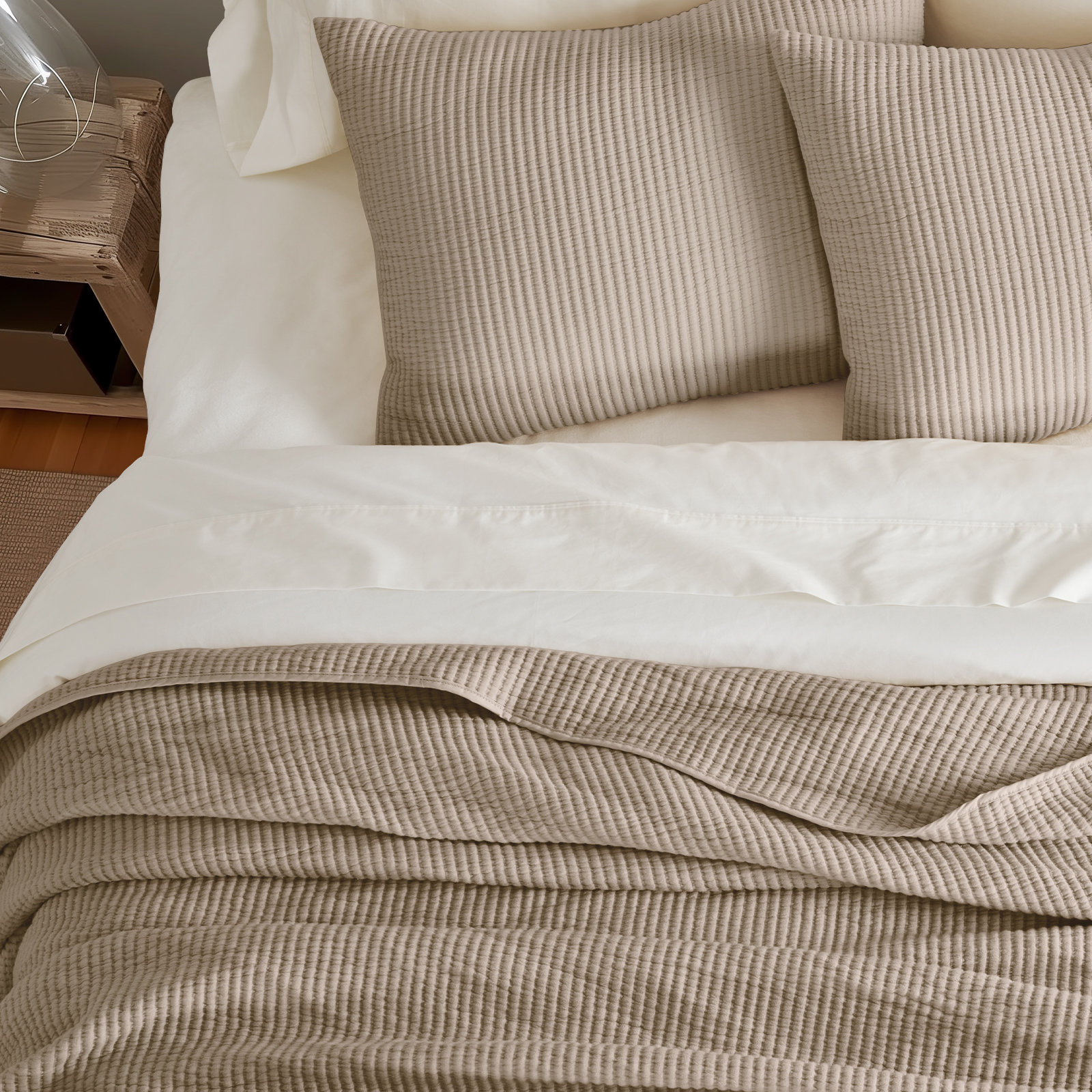 Ribbed Cotton Coverlet Set, King Quilt + 2 King Shams, Urban Taupe