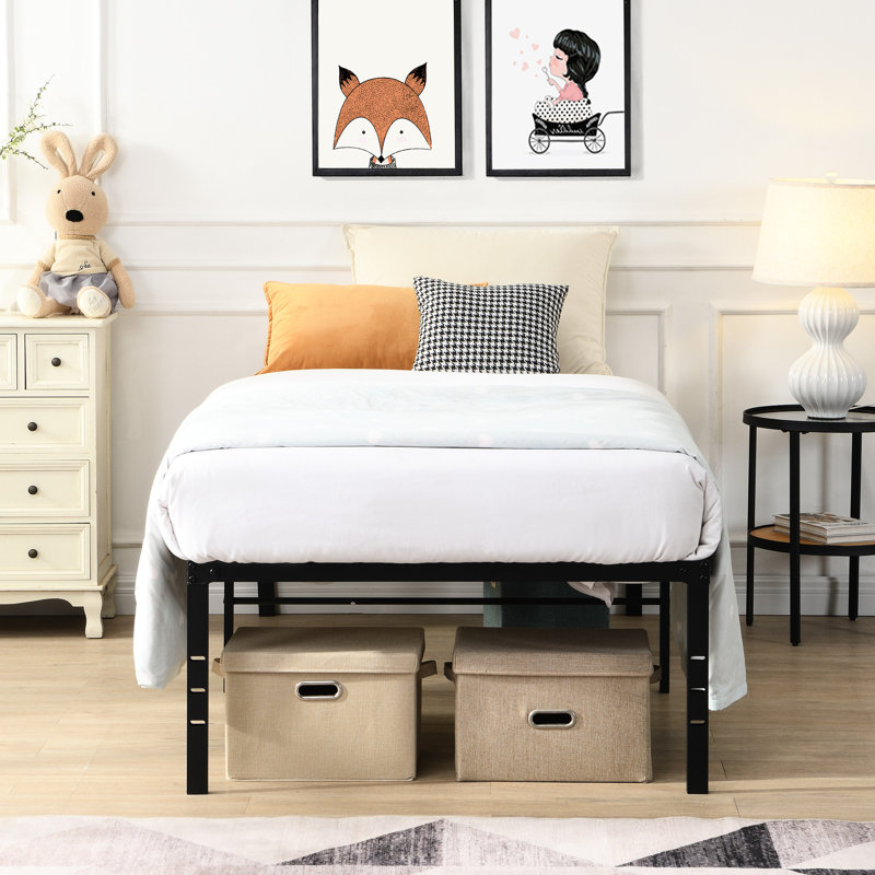 Heavy Duty Twin Black Metal Bed Frame With Assembly, Noiseless Usage, 750 - Pound Static Tolerance, Firm Mattress Support By Reinforced Slats, Storage Under Bed, And Connection Holes, Suitable For