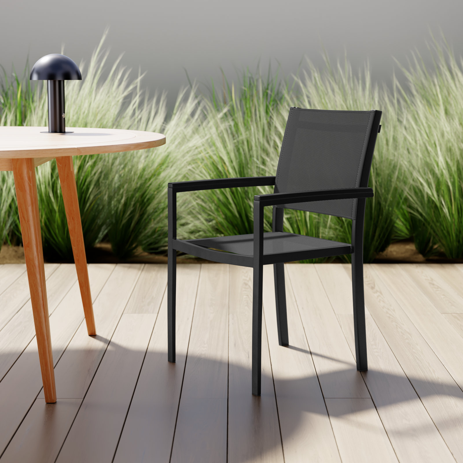 Aynura Stackable Patio Armchair, Black