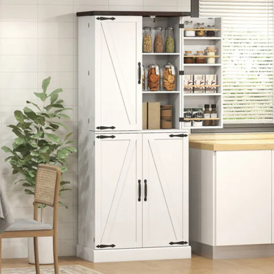Armoire de cuisine 72 po de hauteur, armoire de rangement de style campagnard avec 8 étagères de porte et 8 tablettes réglables, blanc