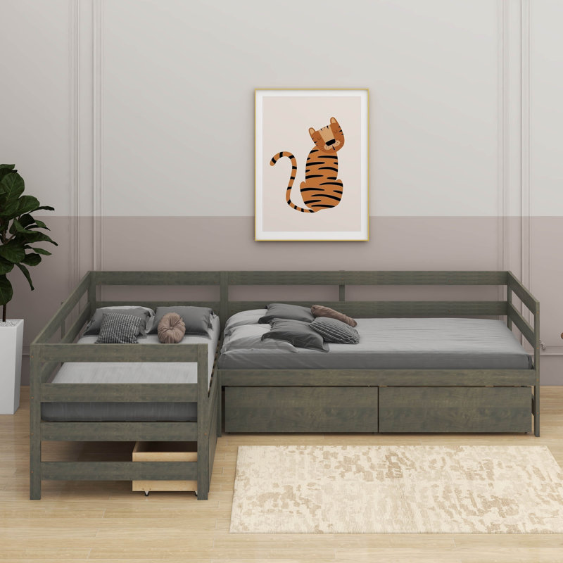 Lit plateforme simple en L avec tiroirs, Gris