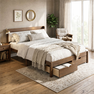 Full / Queen Wood Bed Frame, Upholstered Headboard with Storage Shelf, 2 Under Bed Storage Drawers, Solid Pine Slats, No Box Spring Needed, Walnut Finish