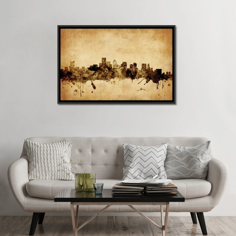 Foxed (rétro) série d’horizons : boston, massachusetts, usa, impression sur toile tendue, Toile avec cadre noir, Pas de tapis