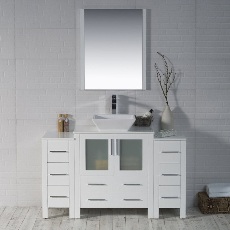 Ensemble de meuble-lavabo de salle de bain simple avec miroir 54 po Mance, Blanc lustré