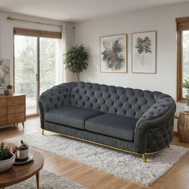 Ilidio Round Arm Sofa, Gray Velvet, 32'' H X 90'' W X 24'' D