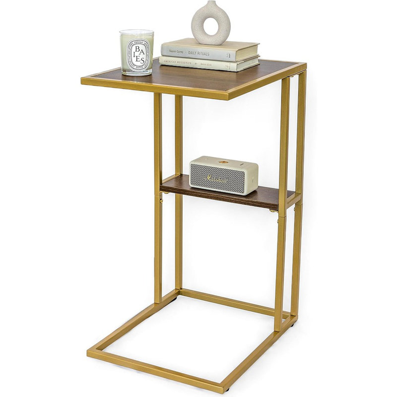 Table d'appoint en forme de C en or avec surface en bois - Table d'appoint en forme de C en or pour le salon et la chambre à coucher - Table de chevet avec tablette inférieure - Bureau portable