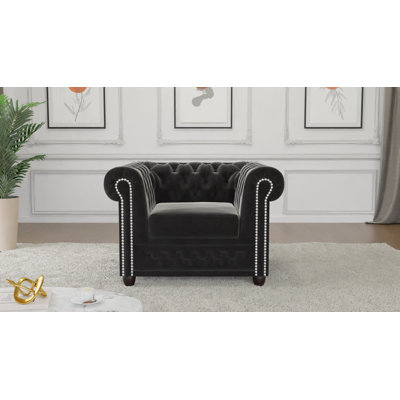 Chesterfield Armchair Hanna Made of Velvet Fabric with Solid Wood Legs