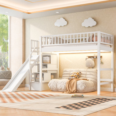 Lumin Twin Size Loft Bed with Storage Staircase, Slide and LED Light